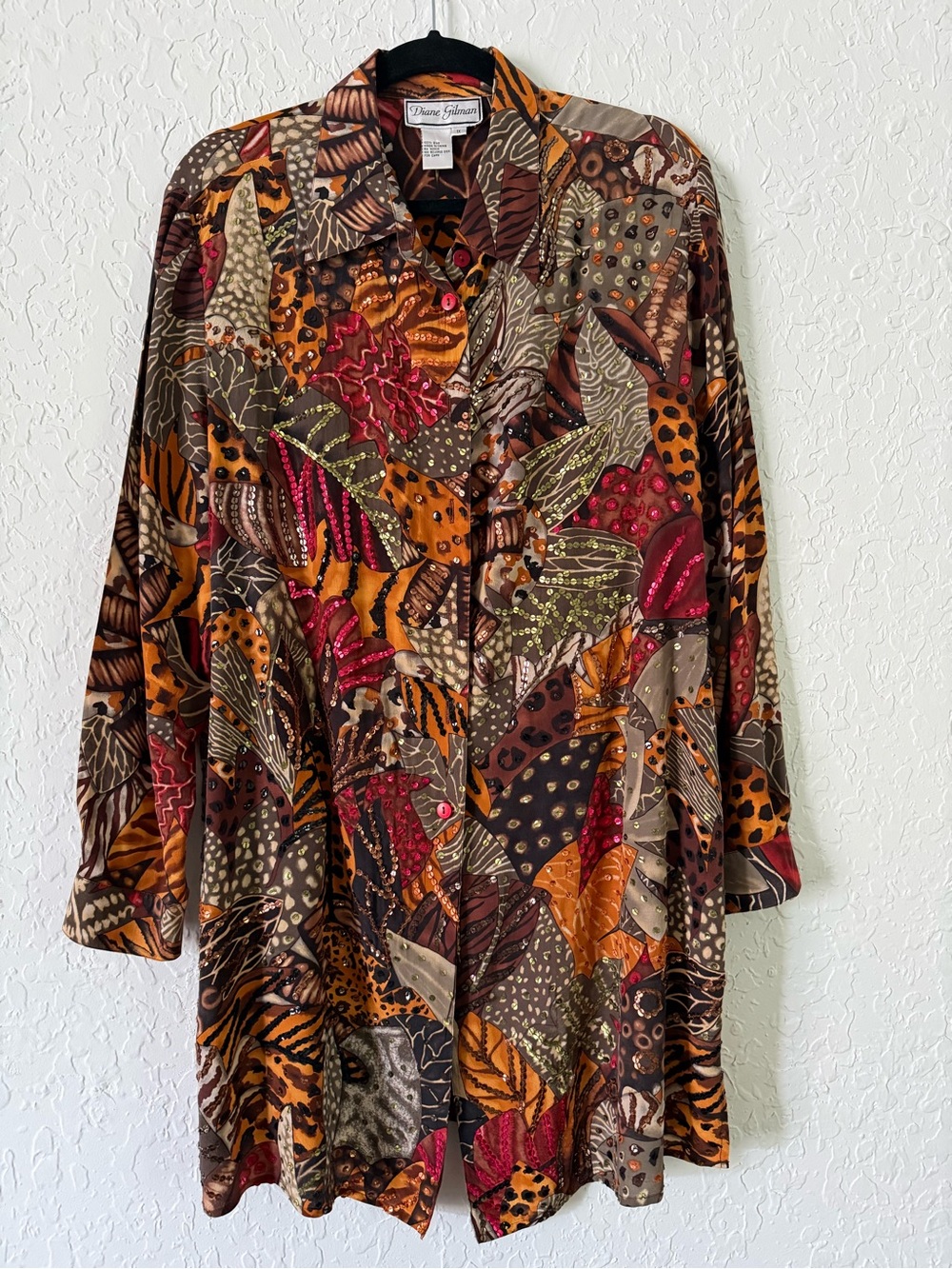 Vintage Diane Gilman Multicolor Sequin & Animal Print Button-Down Shirt
